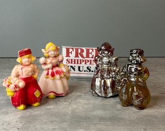 Salero y pimentero vintage de los años 50 con figura de niño y niña holandeses - Juego de 4