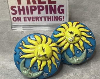 Pair of Moon & Sun Drawer Knobs - Blue with Yellow Sun - Vintage