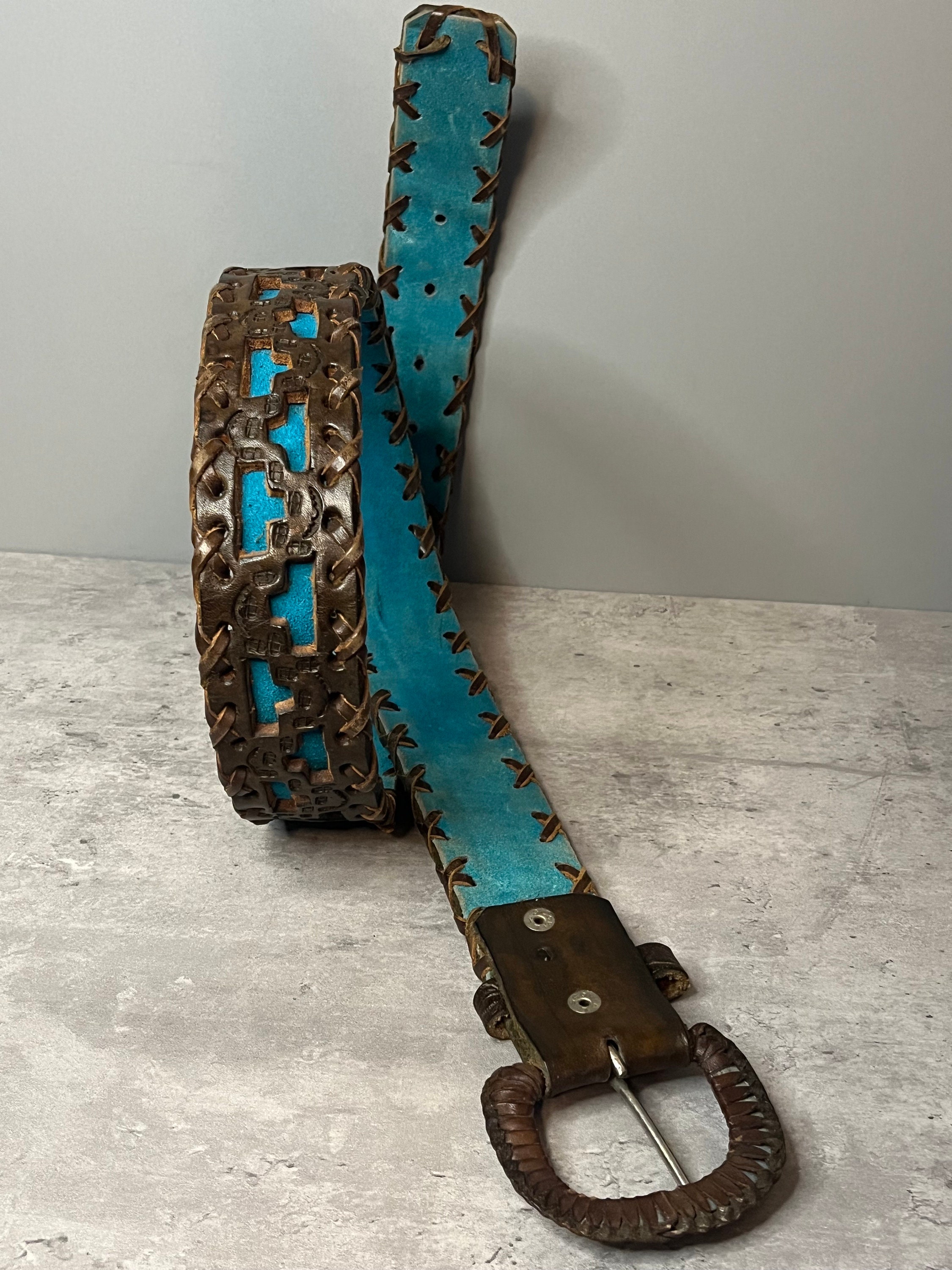 Vintage Leather Brown & Turquoise Belt - Ladies Western Belt  display picture 3