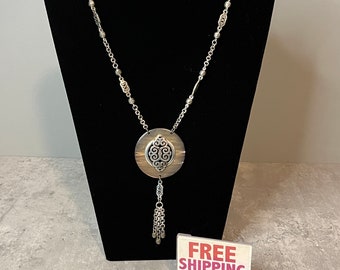 Vintage Brighton Pendant Necklace - Mother of Pearl Look/Lucite and Silver Tone