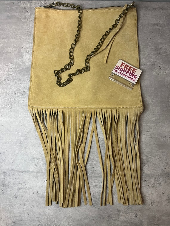 Vintage Uno Alla Volta Suede Fringe Shoulder Bag Light Tan Purse 