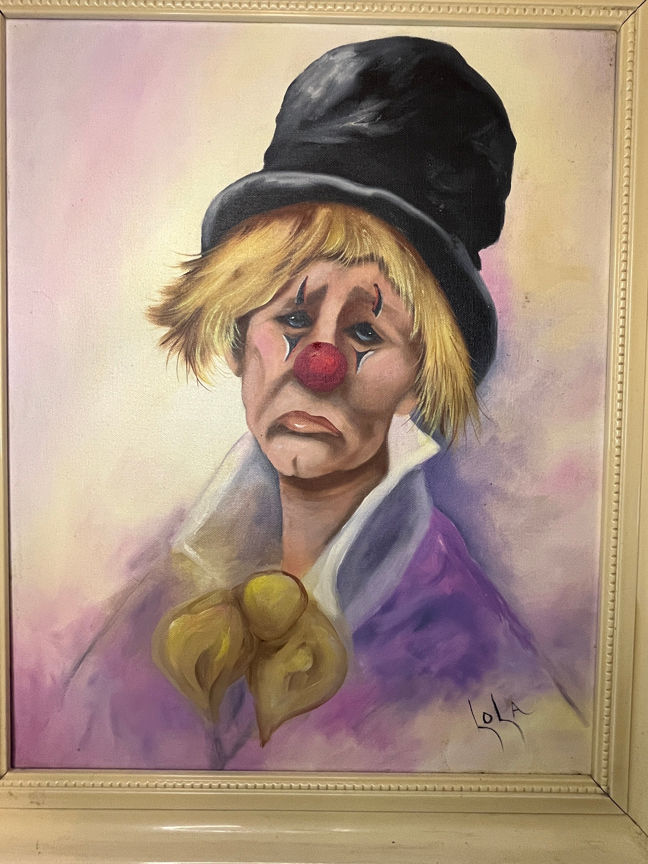 ヴィンテージの悲しいピエロの額入り油絵 - ローラのサイン入り - Etsy