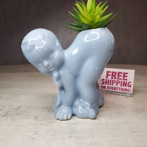 Op de afbeelding: Een lichtblauwe keramische plantenbak in de vorm van een baby, met een groene en gele vetplant erin. De baby kruipt. De plantenbak heeft een glanzende afwerking.