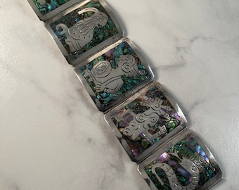 Abalone Bracelet Mexican Southwest .925 Silver Inlay Bracelet - Vintage
