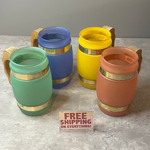 Set of 4 - Siesta Ware Color Frosted Glass Mugs with Wooden Handles - Mid Century