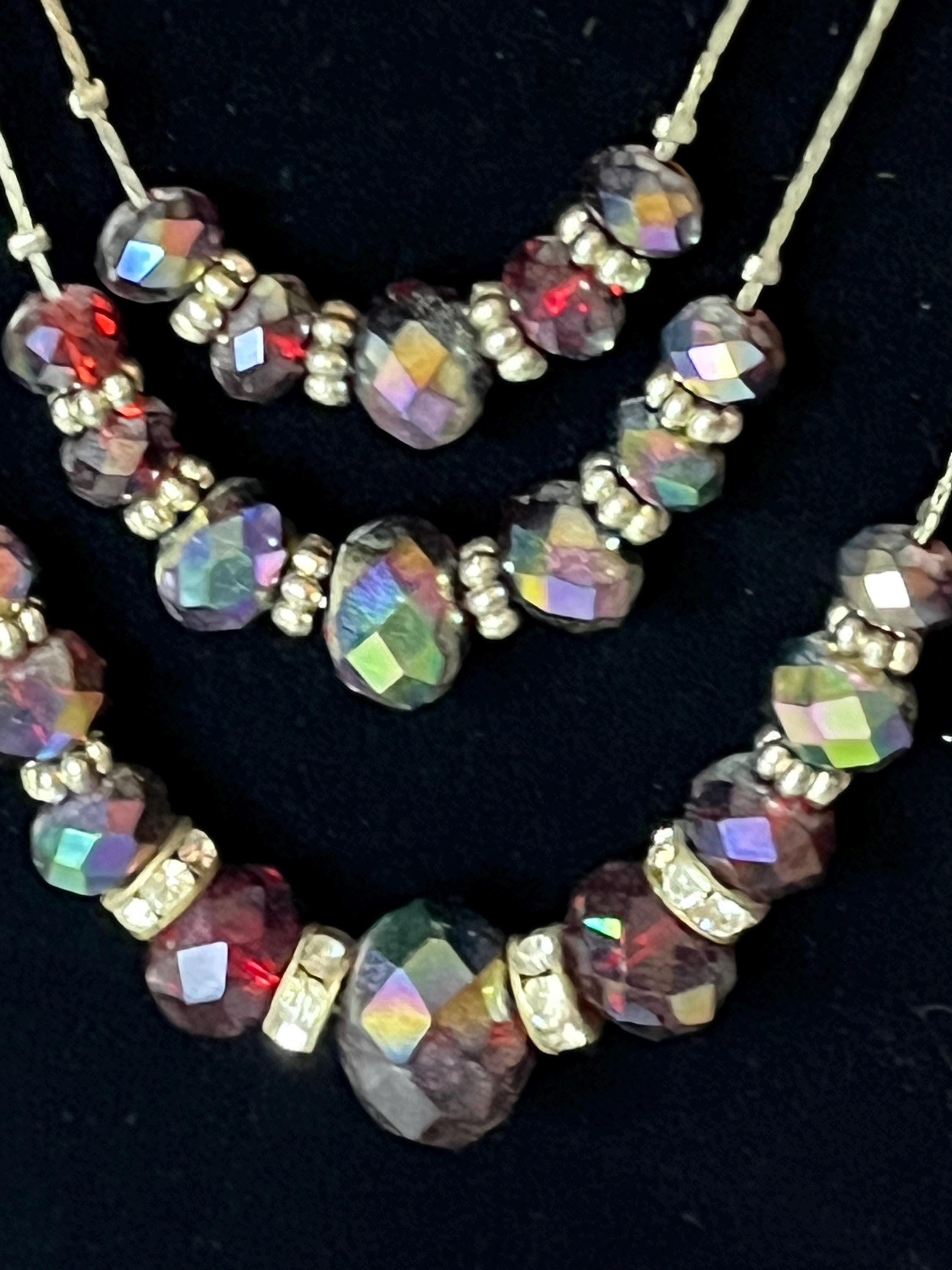 Vintage Aurora Borealis Beaded 3 Tier Necklace with Matching Earrings