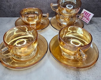 Vintage Jeanette Glass Co. Iridescent Carnival Tea Cups & Saucers
