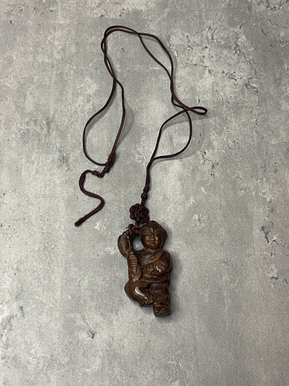 Vintage Carved Wood Chinese Man Figurine Necklace - image 7