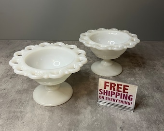 Vintage Milk Glass Catch All Dishes - Lace Cut Pedestal Bowls SOLD as a PAIR