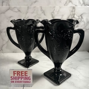 LE Smith Black Amethyst Glass - Jarrón de doble mango - Vintage - 2 disponibles