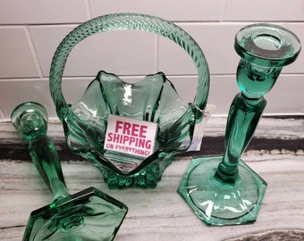 Fenton Glass Candlesticks and Basket Set - Green - Vintage