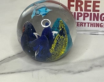 1990's Hand Blown Paper Weight  - Gazing Ball - Dolphins Seascape