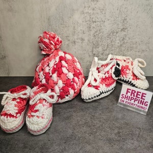 Vintage Crochet Newborn Outfit: Red & White Baby Hat, Converse Style Shoes
