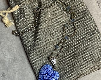 Brighton Silver Necklace – Blue Beads & Heart Pendant, 16–18”