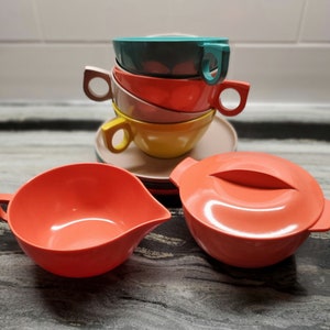 10 Piece Aztec Melmac Dish Set - Coffee Set - Turquoise, Yellow, Tan and Orange Mix