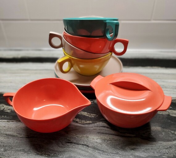 10 Piece Aztec Melmac Dish Set - Coffee Set - Turquoise, Yellow