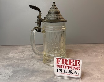 Antique Sächsische Glasfabrik German Crystal Beer Stein - Etched Cut Glass with Pewter Lid - Early 20th Century
