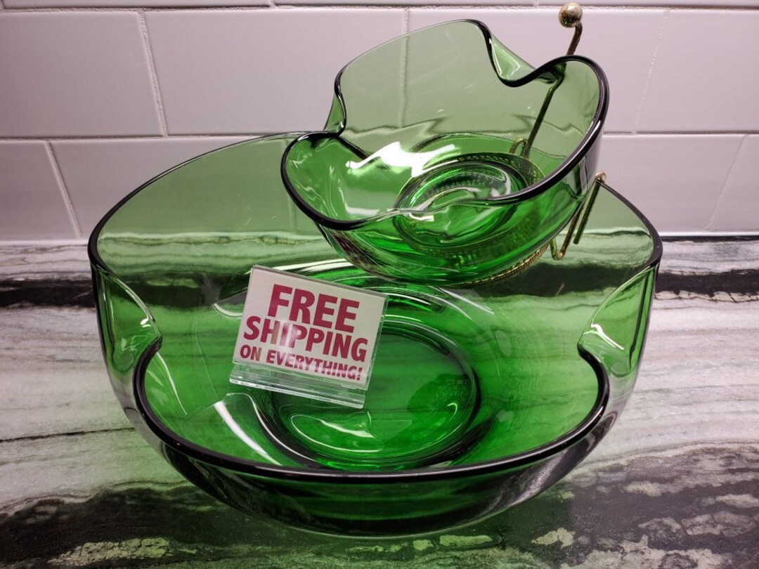 Anchor Hocking 1970's Chip & Dip Bowl Green Glass Etsy