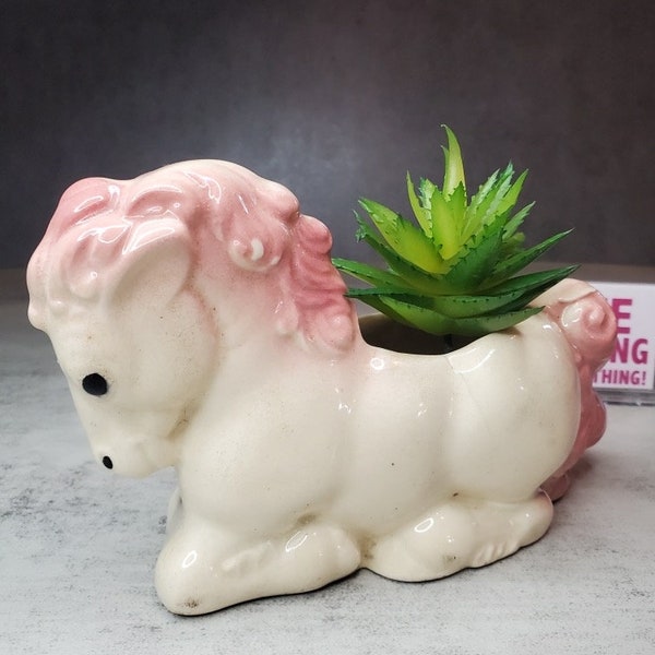 Pink & White Horse Planter - Vintage