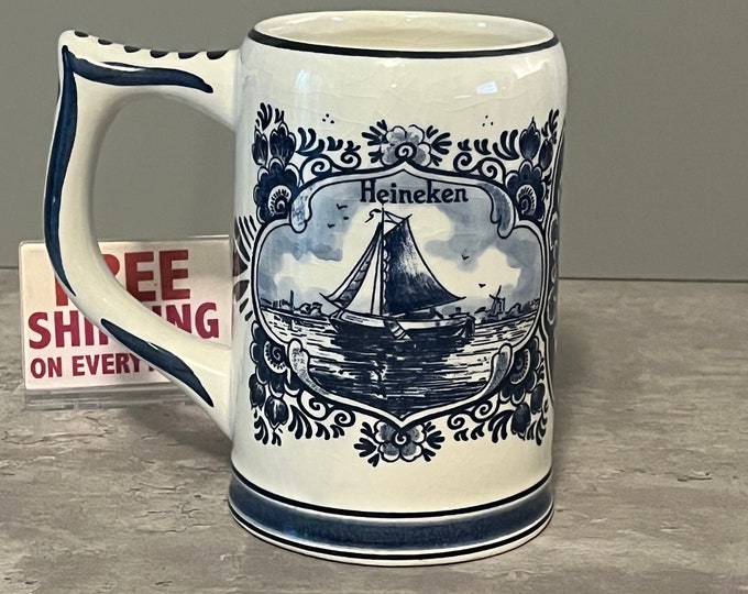 Hand Painted Blue Delfts Heineken Beer Mug - Large Mug - Vintage - Etsy
