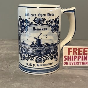 Hand Painted Blue Delfts Heineken Beer Mug - Large Mug - Vintage