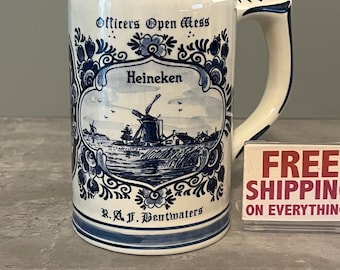 Hand Painted Blue Delfts Heineken Beer Mug - Large Mug - Vintage