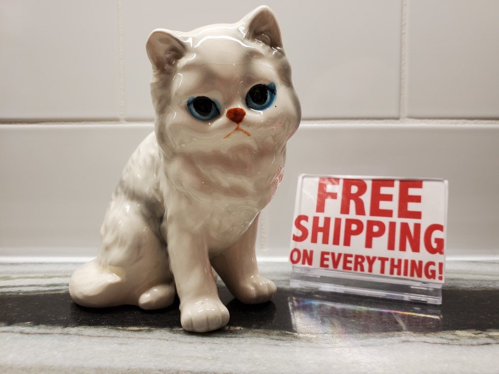 Vintage Ceramic Kitty Figurine - White With Blue Eyes - Etsy