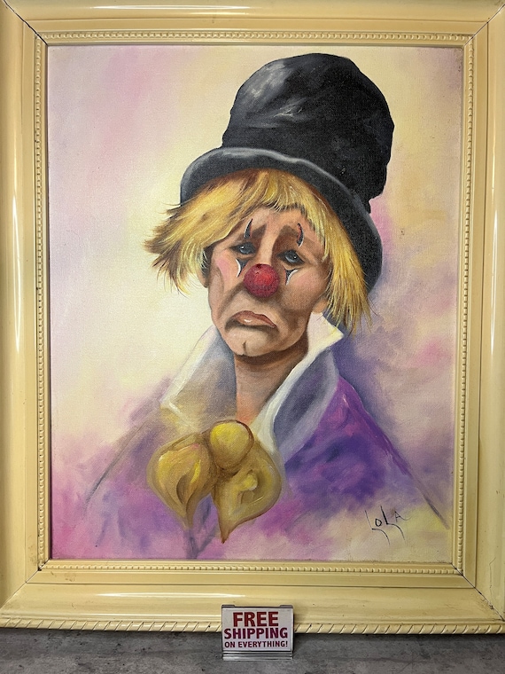 ヴィンテージの悲しいピエロの額入り油絵 - ローラのサイン入り - Etsy