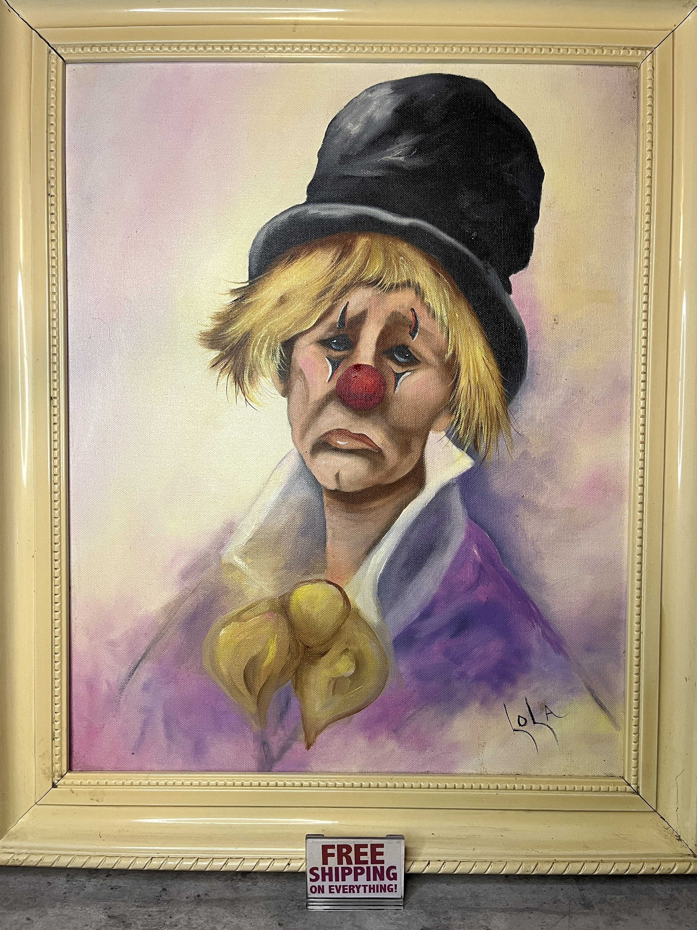 ヴィンテージの悲しいピエロの額入り油絵 - ローラのサイン入り - Etsy