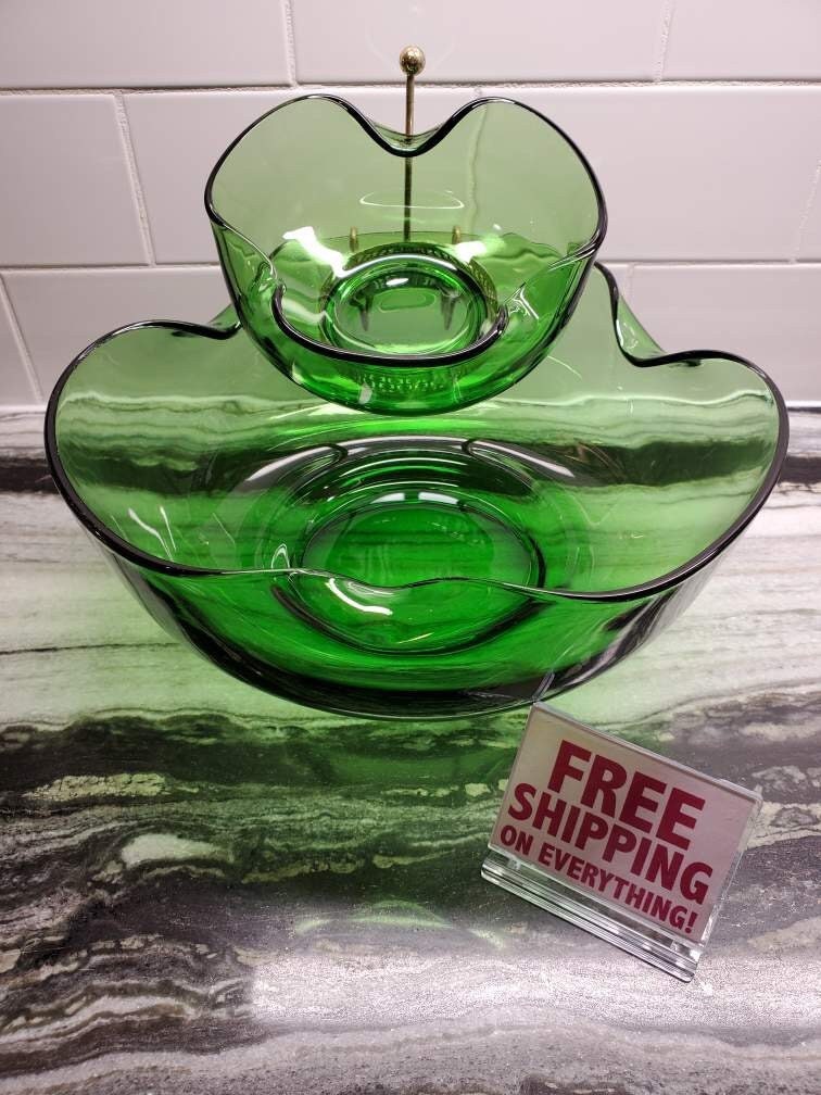 Anchor Hocking 1970's Chip & Dip Bowl Green Glass Etsy