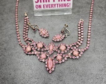 Vintage Pink Rhinestone Necklace, Bracelet & Earrings Set - Costume Jewelry