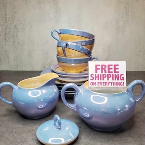 13 piece Lusterware Tea & Snack Set - Blue and Orange - Vintage