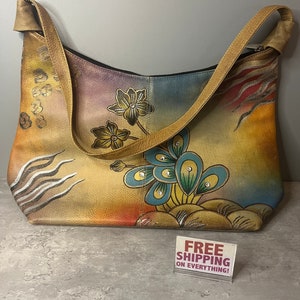 Vintage Hand Painted Leather Shoulder Bag / Purse - Flower Design