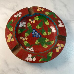 Vintage Cloisonne Chinese Enamel on Brass Floral Ashtray