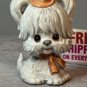 Vintage Ceramic Puppy Dog – White Dog with Orange Hat & Bow – 3.75&quot; Tall – Retro Figurine