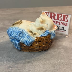 Puede incluir: Figura de cerámica de un gato durmiendo en una cesta tejida. El gato es de color crema con marcas marrones, acurrucado sobre una manta azul. La cesta es marrón con una textura tejida. La figura es un artículo decorativo.