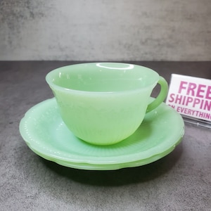 Fire King Jadeite Alice Pattern Cup and Saucers - Vintage
