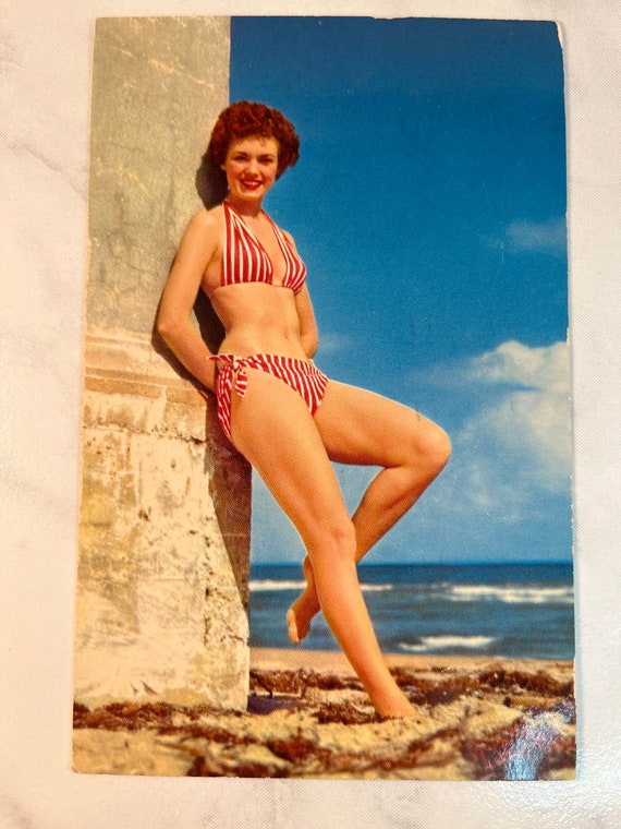 Vintage Postcard Pin up Woman in Red and White Striped Bikini on