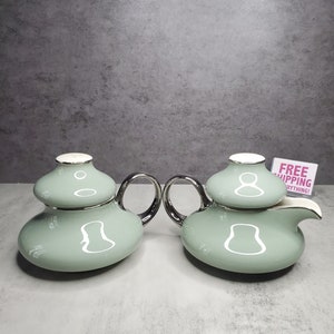 Harker Pottery Creamer Sugar Bowl Salt & Pepper Shakers Set - Pale Green with Platinum Vintage