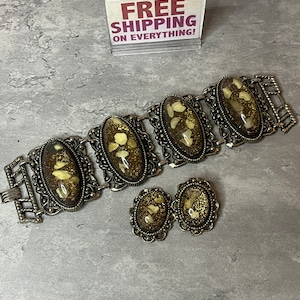 Vintage SELRO Style Lucite Confetti Panel Bracelet & Earrings Set