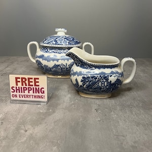Vintage Sugar & Creamer Set - Blue / White - Wood and Sons England