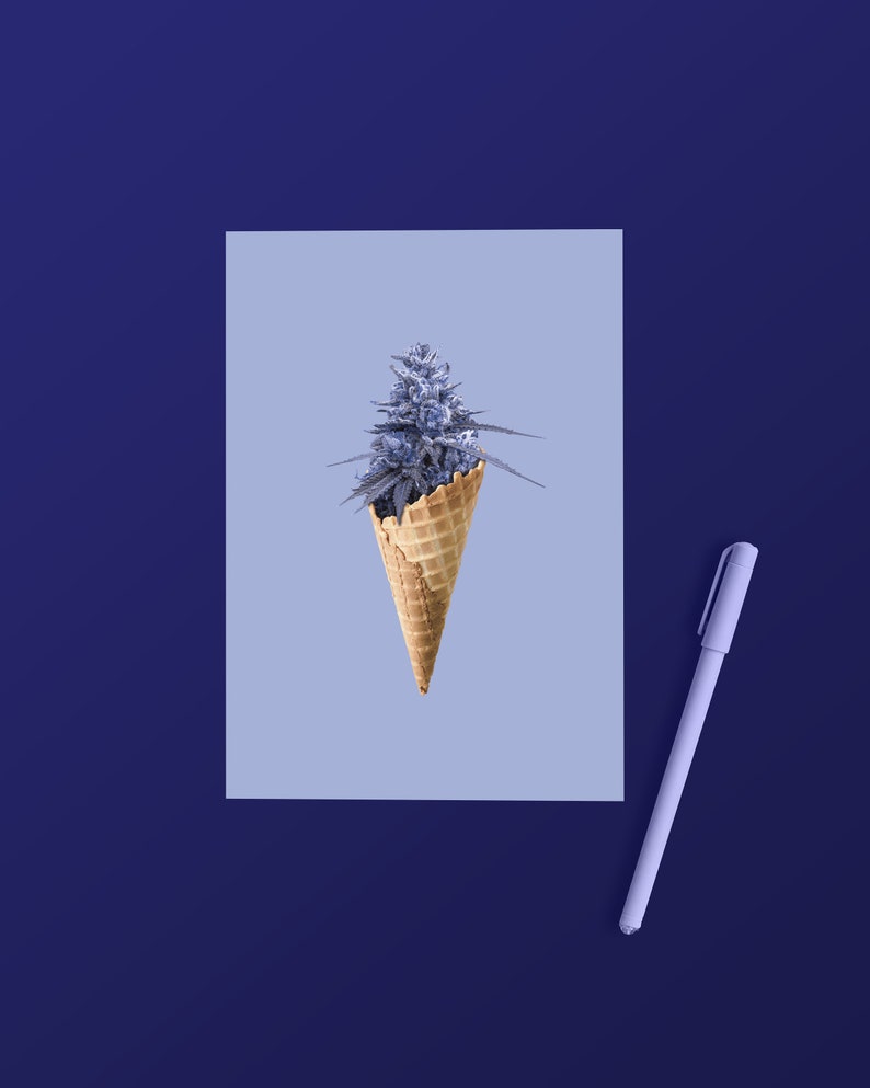 May include: A purple marijuana bud in a waffle cone on a light blue background with a purple pen.
