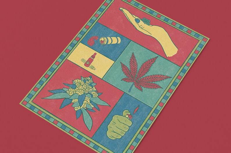 May include: A colorful illustration featuring cannabis-related imagery. The design includes a hand holding a bud, a marijuana leaf, a lighter, and other related items. The artwork is set against a red background with a decorative border.