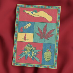 May include: A rectangular print with a red, blue, and yellow color scheme. The print features illustrations of cannabis-related items, including a hand holding a bud, a leaf, and a lighter. The print has a decorative border.
