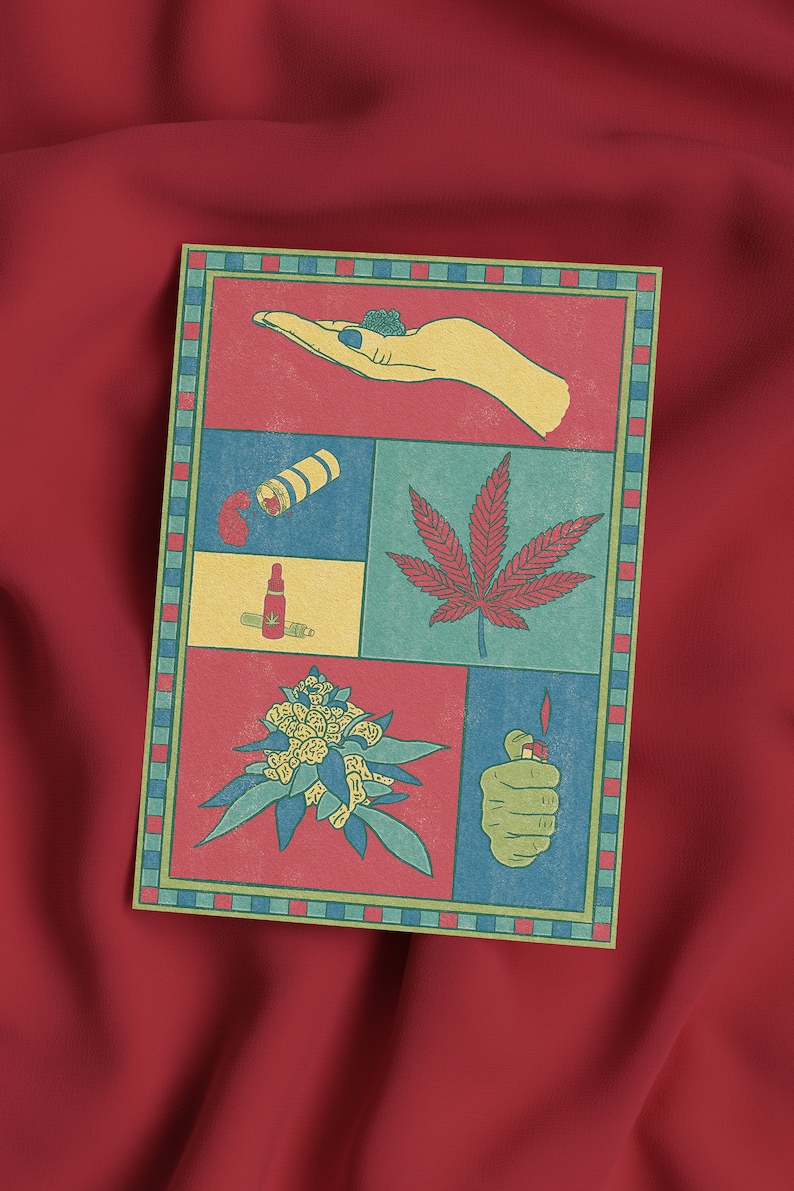 May include: A rectangular print with a red, blue, and yellow color scheme. The print features illustrations of cannabis-related items, including a hand holding a bud, a leaf, and a lighter. The print has a decorative border.