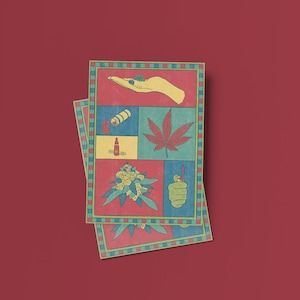 May include: Two rectangular cards with a red background. Each card features a colorful illustration with a hand holding a bud, a cannabis leaf, and other related items. The cards have a decorative border.