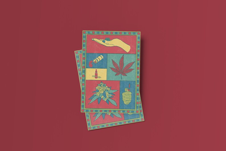 May include: Two rectangular cards with a red background. Each card features a colorful illustration with a hand holding a bud, a cannabis leaf, and other related items. The cards have a decorative border.