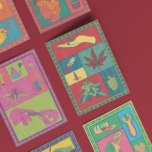 May include: Colorful, illustrated cards with cannabis-themed imagery. Each card features a grid of illustrations, including cannabis leaves, hands, and smoking accessories. The cards have a decorative border and are arranged on a red background.