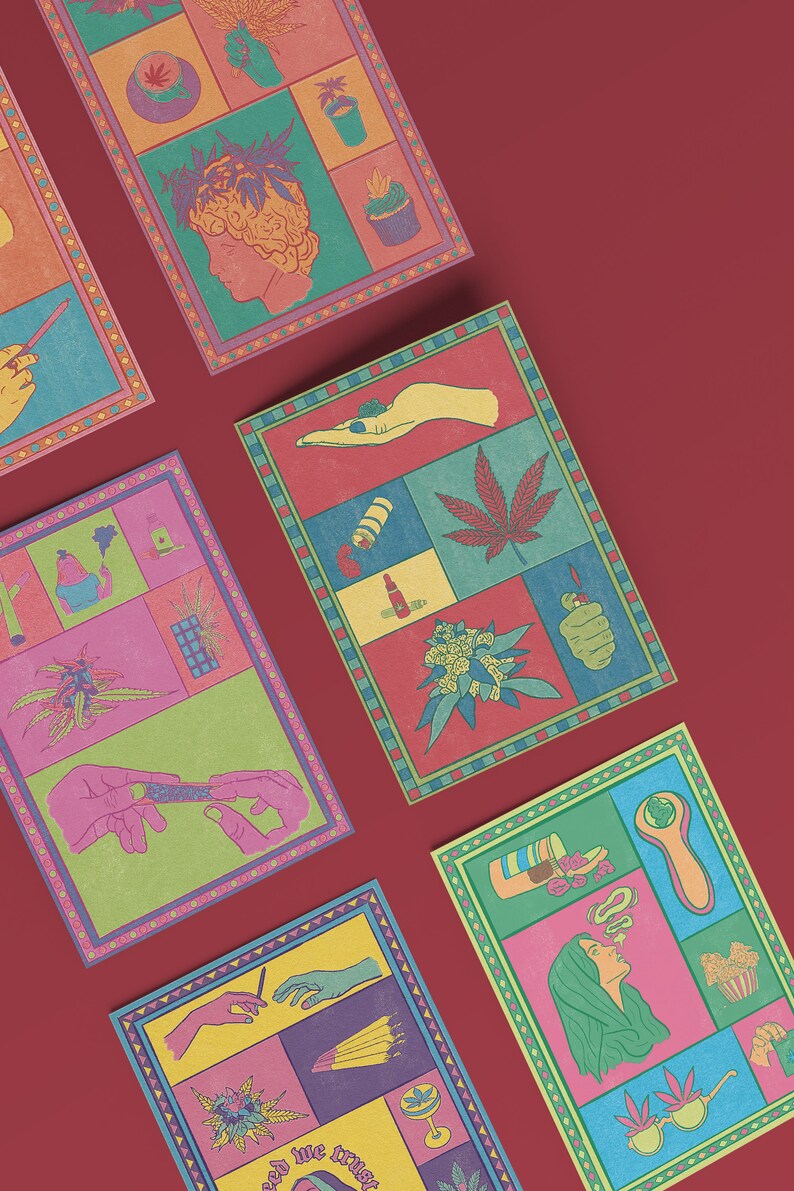 May include: Colorful, illustrated cards with cannabis-themed imagery. Each card features a grid of illustrations, including cannabis leaves, hands, and smoking accessories. The cards have a decorative border and are arranged on a red background.