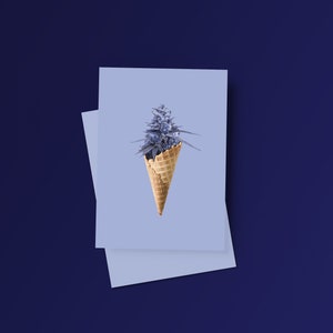 May include: A purple cannabis bud in a waffle cone on a light blue background.